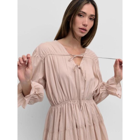 Beige Cotton Peasant Dress -Midi Length Smocked Waist Boho Style - Picture 4 of 4